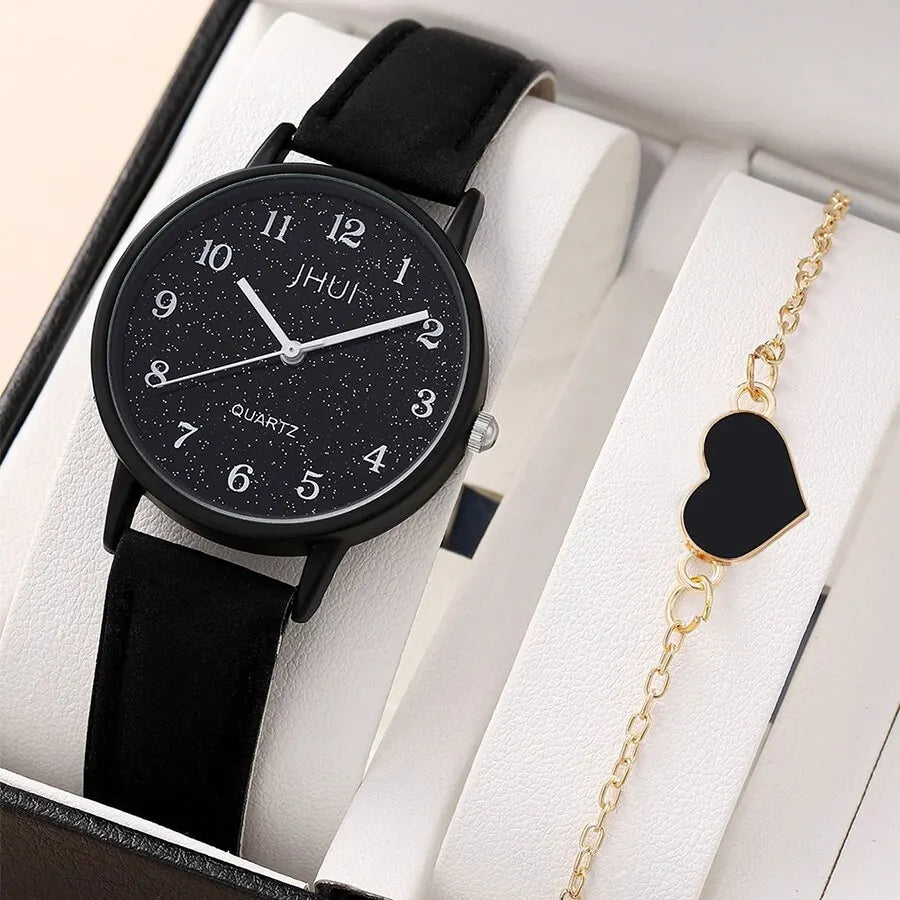 Chic Quartz Watch & Heart Bracelet Set