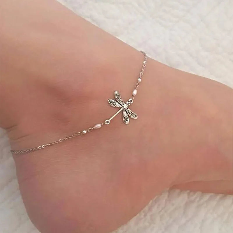 Silver Dragonfly Charm Anklet