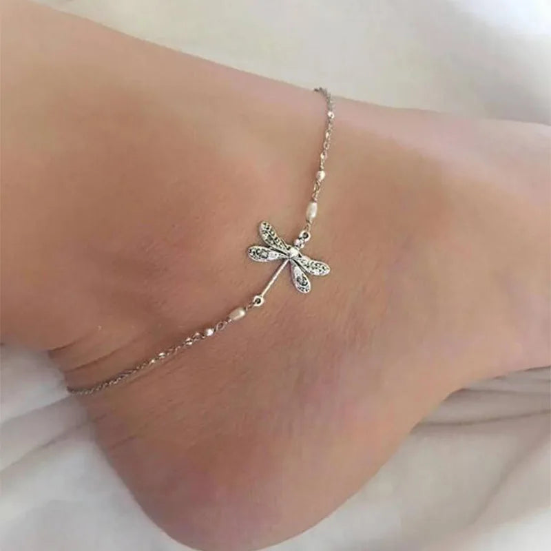 Silver Dragonfly Charm Anklet