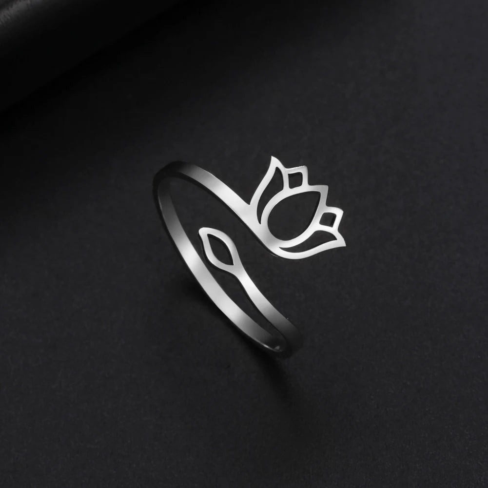 Elegant Hollow Lotus Steel Ring