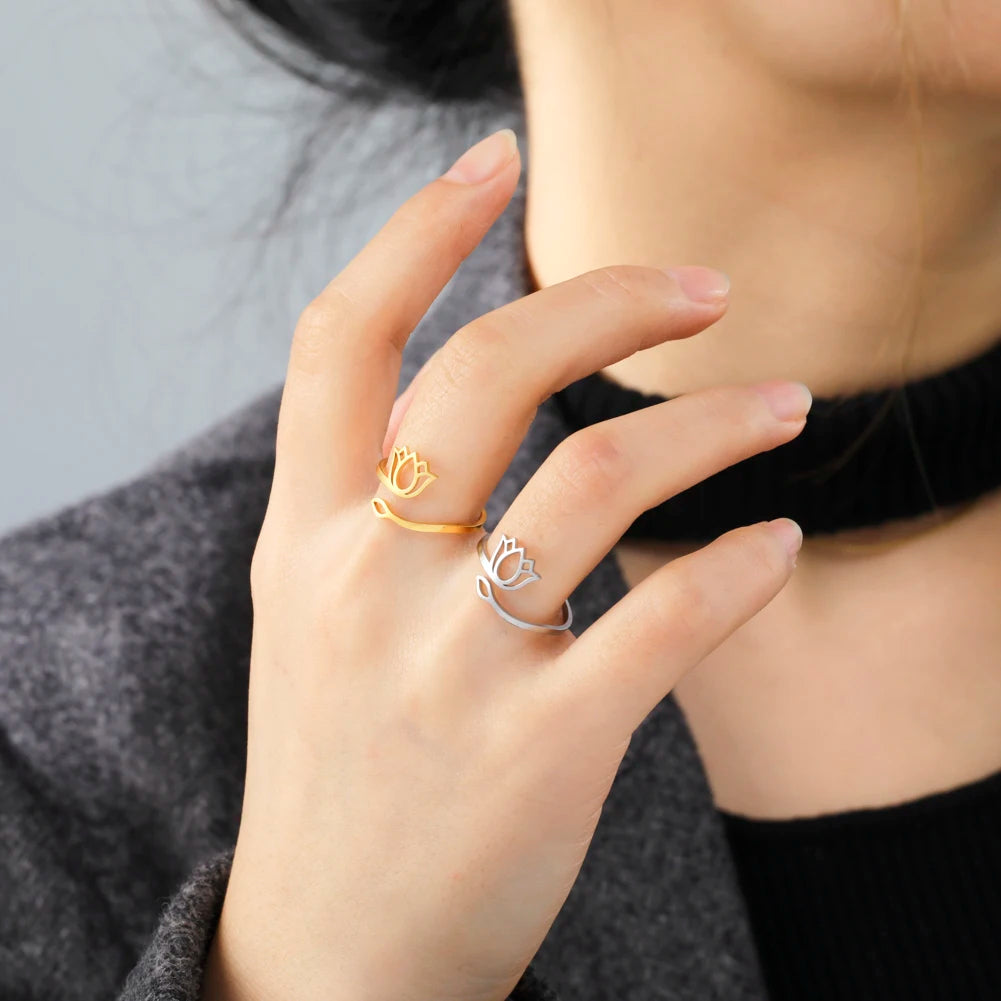 Elegant Hollow Lotus Steel Ring