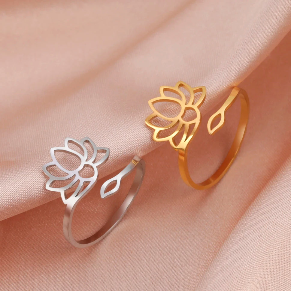 Elegant Hollow Lotus Steel Ring