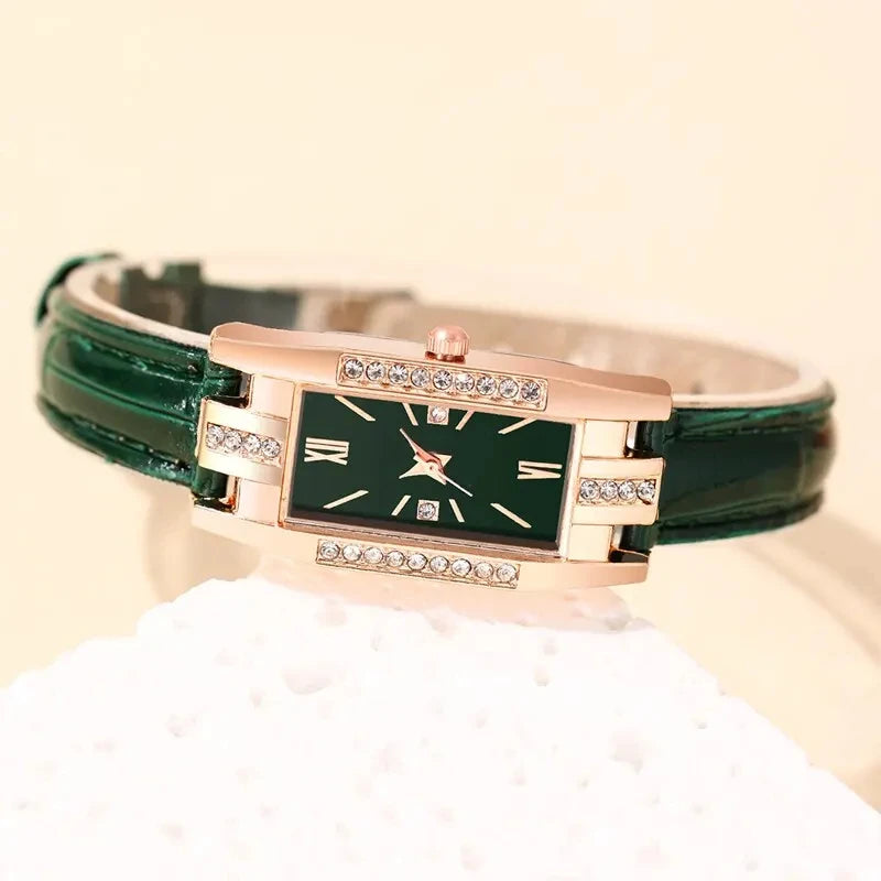 Square Dial Green Leather Watch