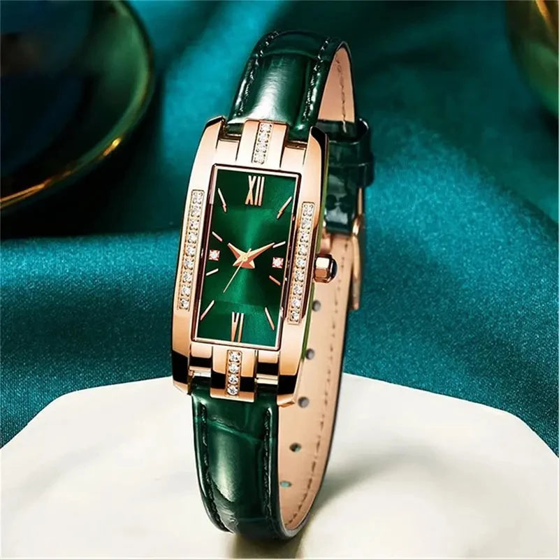 Square Dial Green Leather Watch