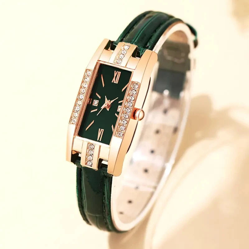 Square Dial Green Leather Watch