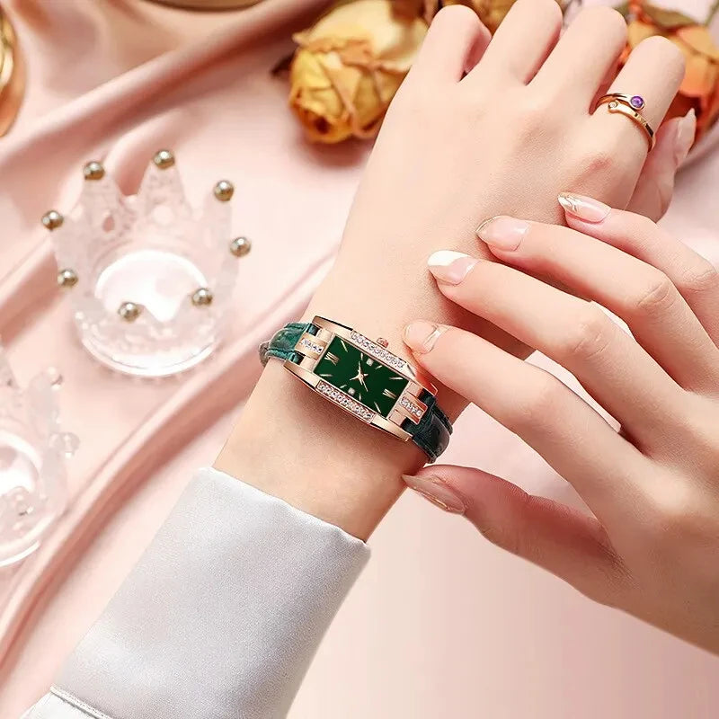 Square Dial Green Leather Watch